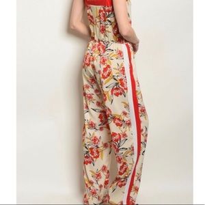 Floral V Neck Silky & Striped Jumpsuit